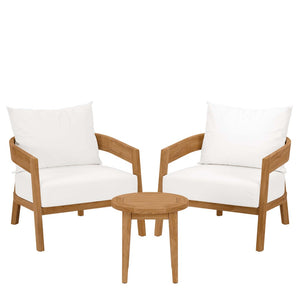 Modway Furniture Brisbane 3-Piece Teak Wood Outdoor Patio Set for Elegant Entertaining with Plush Cushions & Durability Natural White EEI-5835-NAT-WHI