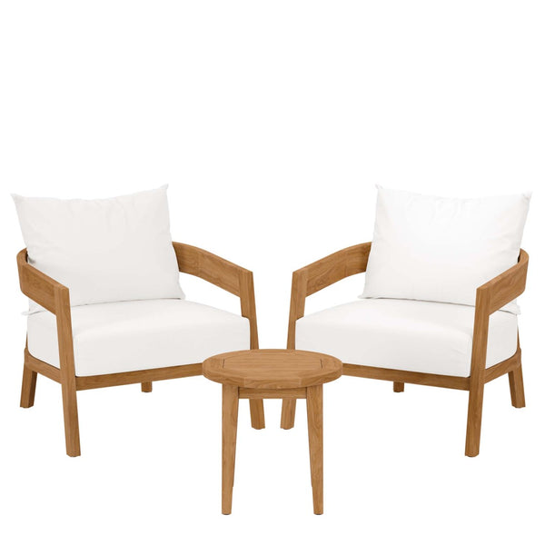 Modway Furniture Brisbane 3-Piece Teak Wood Outdoor Patio Set for Elegant Entertaining with Plush Cushions & Durability Natural White EEI-5835-NAT-WHI