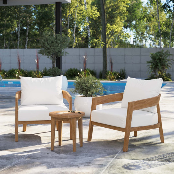 Modway Furniture Brisbane 3-Piece Teak Wood Outdoor Patio Set for Elegant Entertaining with Plush Cushions & Durability Natural White EEI-5835-NAT-WHI