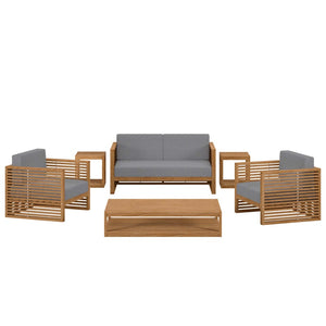 Modway Furniture Carlsbad 6-Piece Teak Wood Patio Set – Stylish Outdoor Furniture with Plush Cushions for Comfort Natural Gray EEI-5836-NAT-GRY