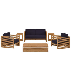 Modway Furniture Carlsbad 6-Piece Teak Wood Patio Set – Stylish Outdoor Furniture with Plush Cushions for Comfort Natural Navy EEI-5836-NAT-NAV