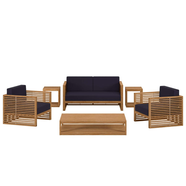Modway Furniture Carlsbad 6-Piece Teak Wood Patio Set – Stylish Outdoor Furniture with Plush Cushions for Comfort Natural Navy EEI-5836-NAT-NAV