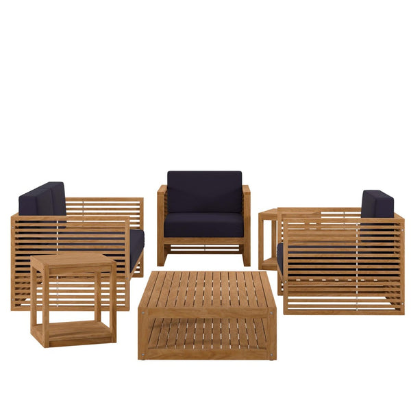 Modway Furniture Carlsbad 6-Piece Teak Wood Patio Set – Stylish Outdoor Furniture with Plush Cushions for Comfort Natural Navy EEI-5836-NAT-NAV
