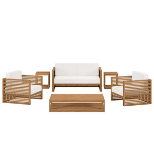 Modway Furniture Carlsbad 6-Piece Teak Wood Patio Set – Stylish Outdoor Furniture with Plush Cushions for Comfort Natural White EEI-5836-NAT-WHI