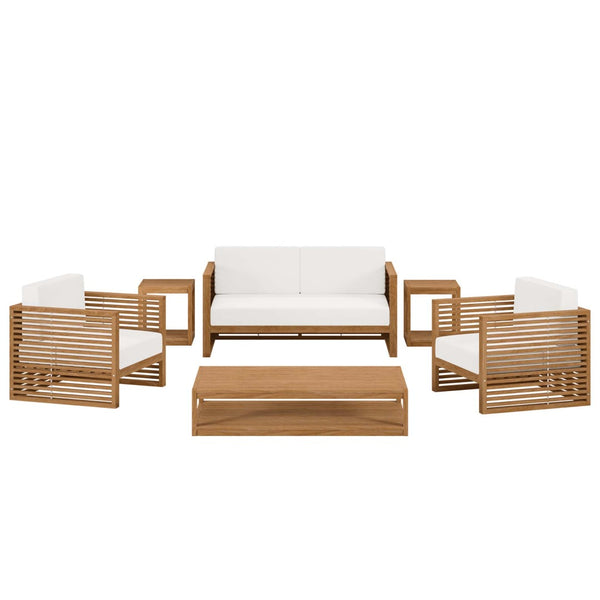 Modway Furniture Carlsbad 6-Piece Teak Wood Patio Set – Stylish Outdoor Furniture with Plush Cushions for Comfort Natural White EEI-5836-NAT-WHI