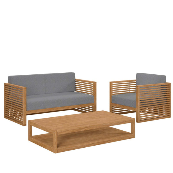 Modway Furniture Carlsbad 3-Piece Teak Wood Outdoor Patio Set - Coastal Charm with Plush Cushions & Easy Care Natural Gray EEI-5837-NAT-GRY