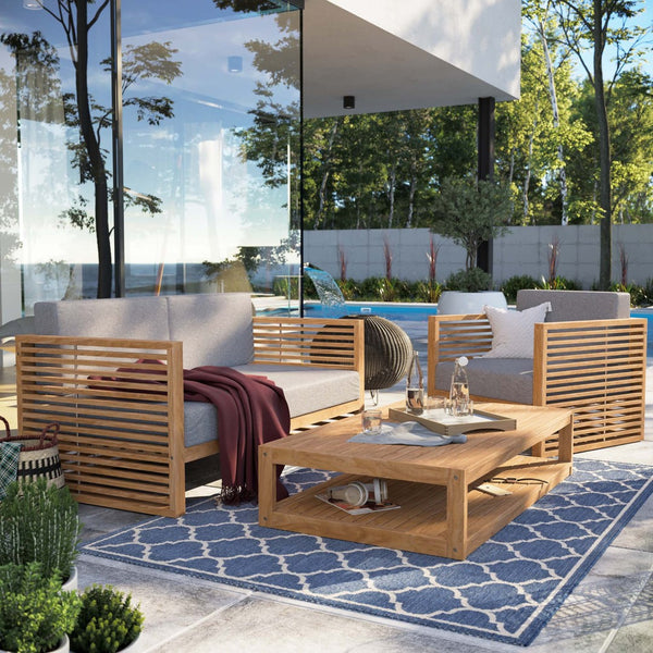 Modway Furniture Carlsbad 3-Piece Teak Wood Outdoor Patio Set - Coastal Charm with Plush Cushions & Easy Care Natural Gray EEI-5837-NAT-GRY