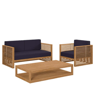 Modway Furniture Carlsbad 3-Piece Teak Wood Outdoor Patio Set - Coastal Charm with Plush Cushions & Easy Care Natural Navy EEI-5837-NAT-NAV