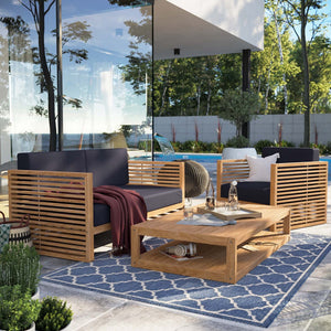 Modway Furniture Carlsbad 3-Piece Teak Wood Outdoor Patio Set - Coastal Charm with Plush Cushions & Easy Care Natural Navy EEI-5837-NAT-NAV