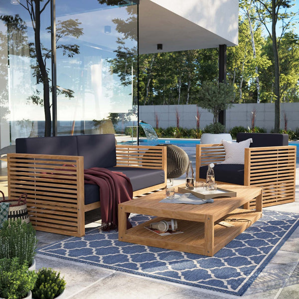 Modway Furniture Carlsbad 3-Piece Teak Wood Outdoor Patio Set - Coastal Charm with Plush Cushions & Easy Care Natural Navy EEI-5837-NAT-NAV