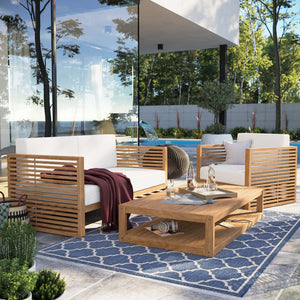 Modway Furniture Carlsbad 3-Piece Teak Wood Outdoor Patio Set - Coastal Charm with Plush Cushions & Easy Care Natural White EEI-5837-NAT-WHI