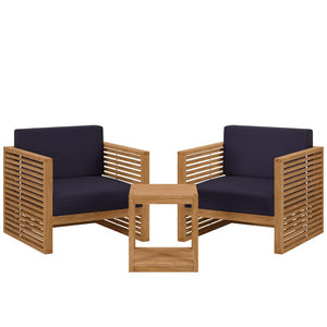 Modway Furniture Carlsbad 3-Piece Teak Wood Outdoor Patio Set for Comfortable Al Fresco Dining and Lounging Spaces Natural Navy EEI-5838-NAT-NAV
