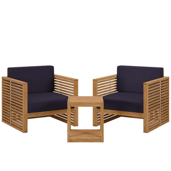Modway Furniture Carlsbad 3-Piece Teak Wood Outdoor Patio Set for Comfortable Al Fresco Dining and Lounging Spaces Natural Navy EEI-5838-NAT-NAV