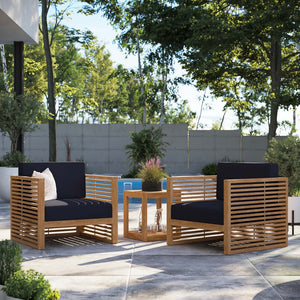 Modway Furniture Carlsbad 3-Piece Teak Wood Outdoor Patio Set for Comfortable Al Fresco Dining and Lounging Spaces Natural Navy EEI-5838-NAT-NAV