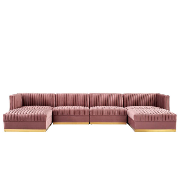 Modway Furniture Sanguine 6-Piece Modular Sectional Sofa with Channel Tufted Velvet and Gold Base for Luxurious Comfort Dusty Rose EEI-5841-DUS