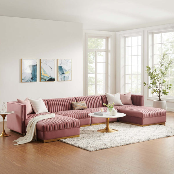 Modway Furniture Sanguine 6-Piece Modular Sectional Sofa with Channel Tufted Velvet and Gold Base for Luxurious Comfort Dusty Rose EEI-5841-DUS