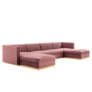Modway Furniture Sanguine 6-Piece Modular Sectional Sofa with Channel Tufted Velvet and Gold Base for Luxurious Comfort Dusty Rose EEI-5841-DUS