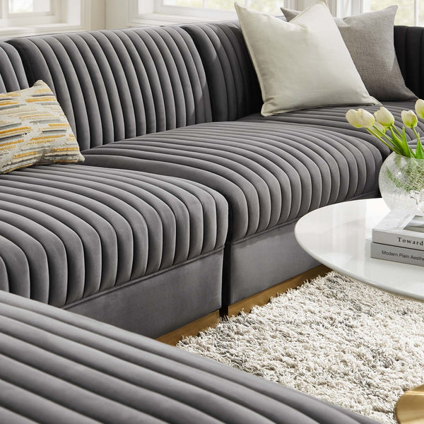 Modway Furniture Sanguine 6-Piece Modular Sectional Sofa with Channel Tufted Velvet and Gold Base for Luxurious Comfort Gray EEI-5841-GRY