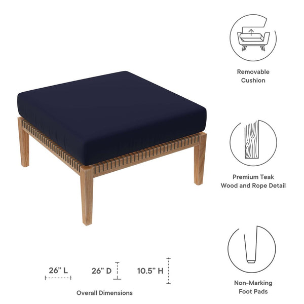 Modway Furniture Clearwater Outdoor Teak Wood Ottoman - Stylish Weather-Resistant Seating for Patios and Decks Gray Navy EEI-5854-GRY-NAV