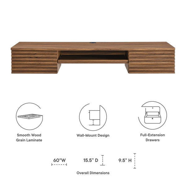 Modway Furniture Render Wall Mount Office Desk - Mid-Century Style Workspace with Ample Storage & Smart Design Walnut EEI-5865-WAL