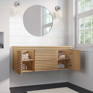 Modway Furniture Render 48" Wall-Mounted Bathroom Vanity Cabinet - Mid-Century Style with Ample Storage Drawers Oak EEI-5866-OAK
