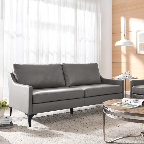 Modway Furniture Corland Upholstered Leather Sofa - Mid-Century Modern Design, Plush Comfort & Durable Support System EEI-6018-GRY