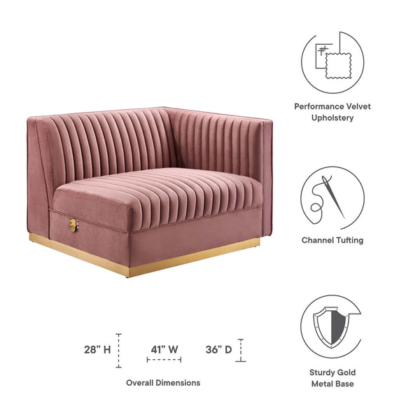 Modway Furniture Sanguine Channel Tufted Performance Velvet Modular Sectional Right-Arm Chair for Chic Living Spaces Dusty Rose EEI-6032-DUS