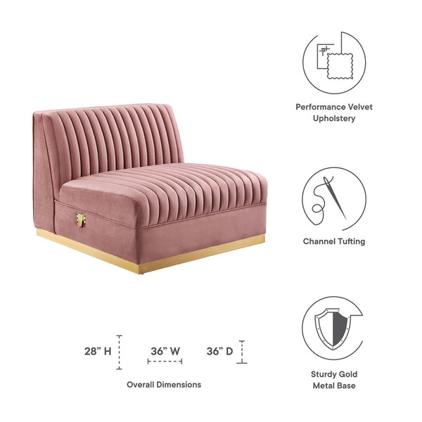 Modway Furniture Sanguine Channel Tufted Performance Velvet Modular Armless Chair for Chic Living Room Style & Comfort Dusty Rose EEI-6033-DUS