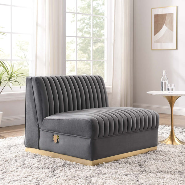 Modway Furniture Sanguine Channel Tufted Performance Velvet Modular Armless Chair for Chic Living Room Style & Comfort Gray EEI-6033-GRY