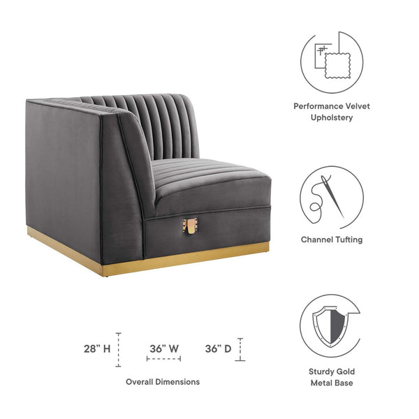 Modway Furniture Sanguine Modular Sectional Right Corner Chair - Luxurious Velvet, Tufted Elegance & Comfort Solution EEI-6035-GRY