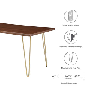 Modway Furniture Ardor 60" Live Edge Acacia Wood Dining Table - Handcrafted Mid-Century Design with Hairpin Legs Gold Walnut EEI-6059-GLD-WAL
