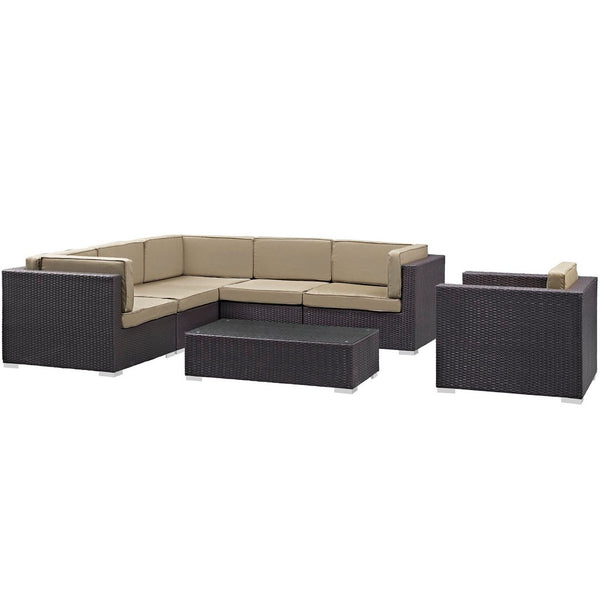 Modway Furniture Corona 7 Piece Modular Outdoor Patio Sectional Set - Stylish Rattan Furniture for Relaxing Gatherings Espresso Mocha EEI-606-EXP-MOC-SET