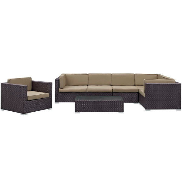 Modway Furniture Corona 7 Piece Modular Outdoor Patio Sectional Set - Stylish Rattan Furniture for Relaxing Gatherings Espresso Mocha EEI-606-EXP-MOC-SET