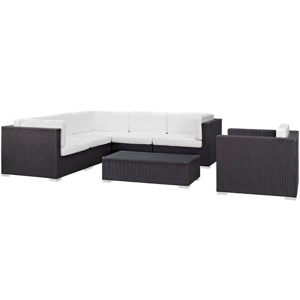 Modway Furniture Corona 7 Piece Modular Outdoor Patio Sectional Set - Stylish Rattan Furniture for Relaxing Gatherings Espresso White EEI-606-EXP-WHI-SET