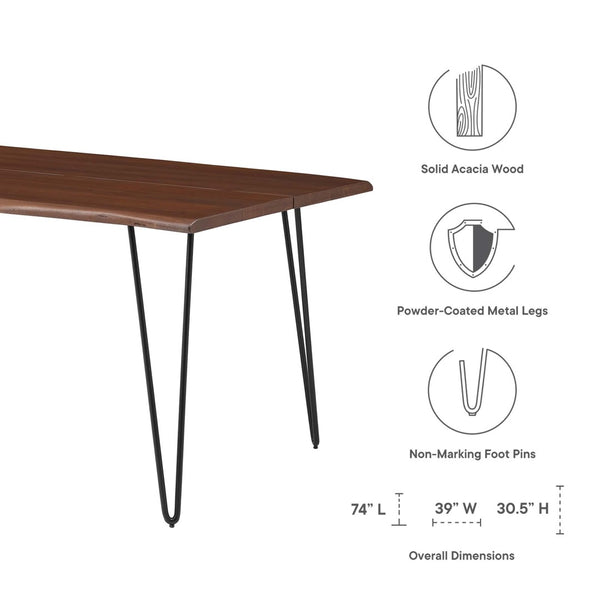 Modway Furniture Ardor 74" Live Edge Acacia Wood Dining Table - Rustic Charm with Mid-Century Modern Style Black Walnut EEI-6070-BLK-WAL