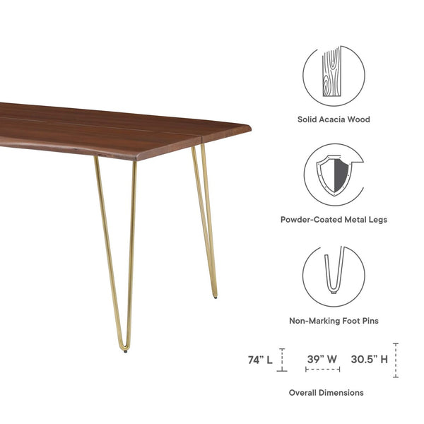 Modway Furniture Ardor 74" Live Edge Acacia Wood Dining Table - Rustic Charm with Mid-Century Modern Style Gold Walnut EEI-6070-GLD-WAL
