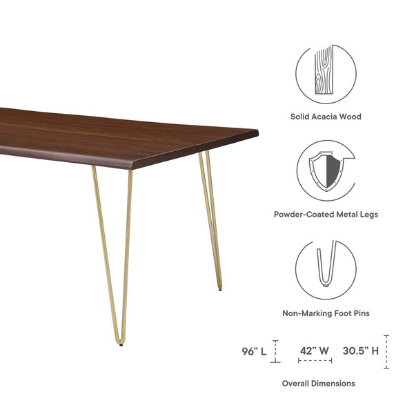 Modway Furniture Ardor 96" Live Edge Acacia Wood Dining Table with Hairpin Legs – Unique Centerpiece for Gatherings Gold Walnut EEI-6072-GLD-WAL