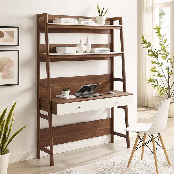 Modway Furniture Bixby Office Desk - Stylish Workspace with Tiered Shelving and Storage Drawers for Home Offices Walnut White EEI-6073-WAL-WHI