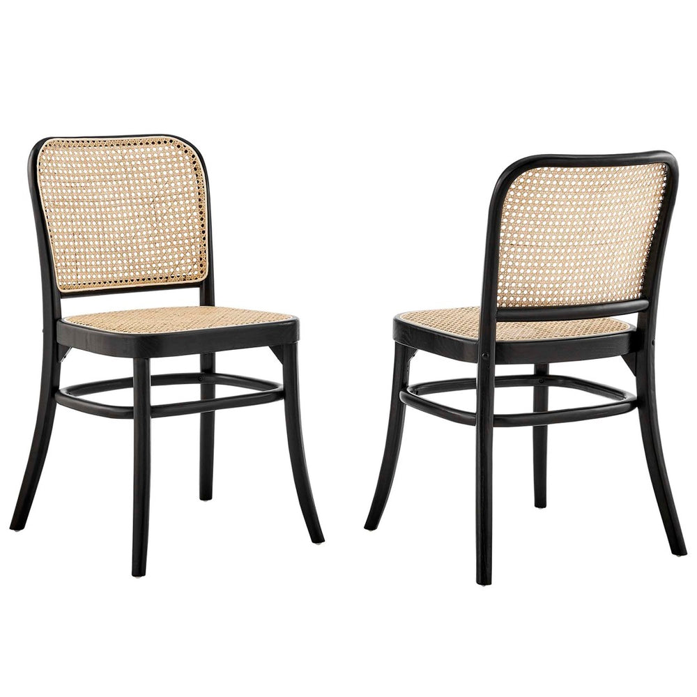 Modway Furniture Winona Wood Dining Side Chair Set of 2 – Rustic Charm with Woven Rattan & Durable Elm Frame Black EEI-6078-BLK