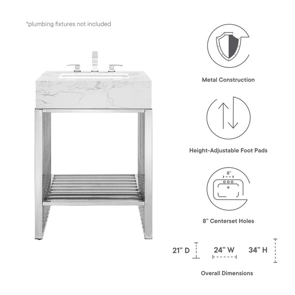 Modway Furniture Gridiron 24" Bathroom Vanity - Contemporary White Stainless Steel with Integrated Marble Sink EEI-6103-WHI-SLV