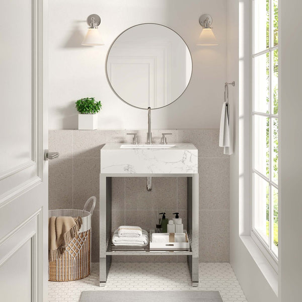 Modway Furniture Gridiron 24" Bathroom Vanity - Contemporary White Stainless Steel with Integrated Marble Sink EEI-6103-WHI-SLV