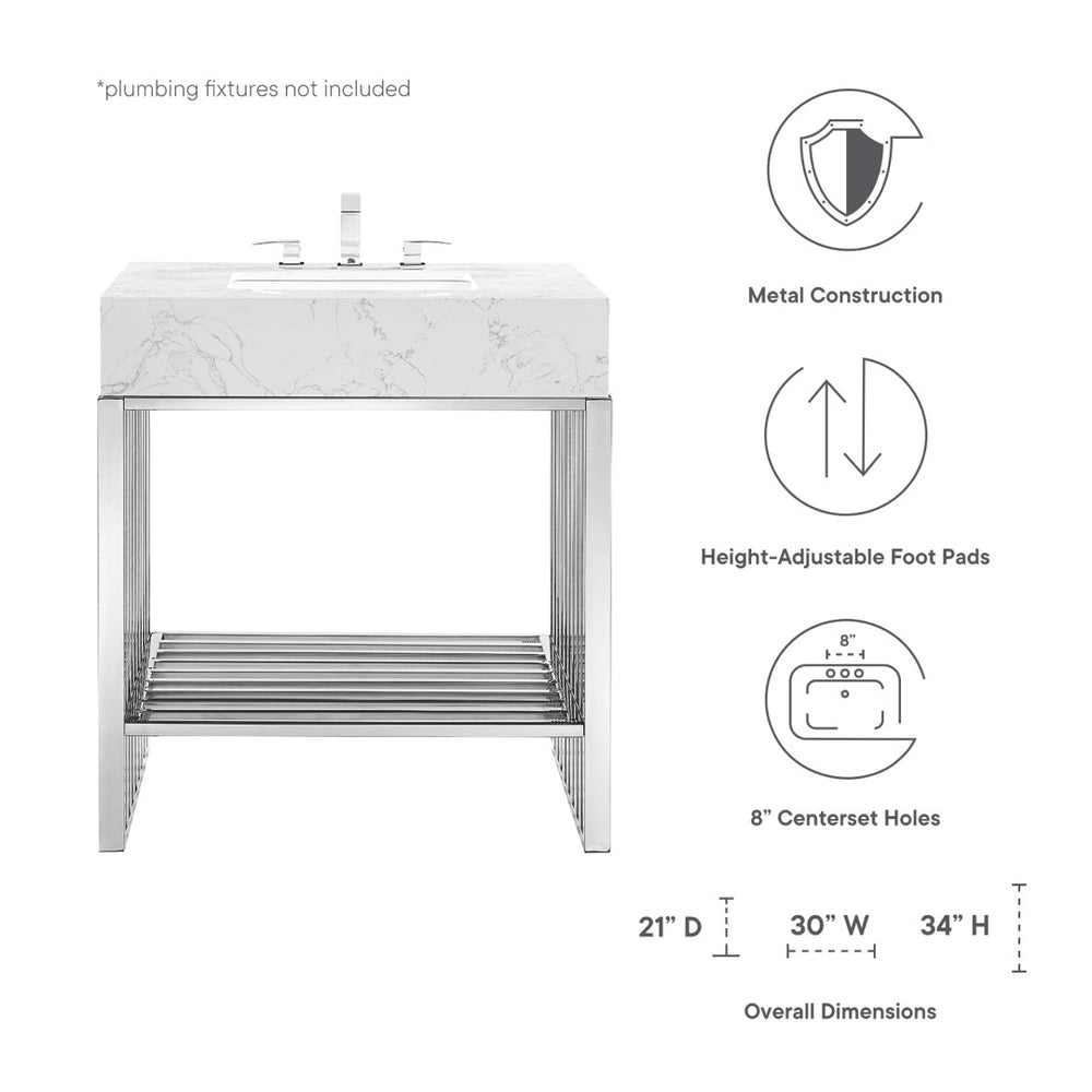 Modway Furniture Gridiron 30" Bathroom Vanity - Modern Industrial Design with Integrated Marble Sink & Open Storage EEI-6105-WHI-SLV