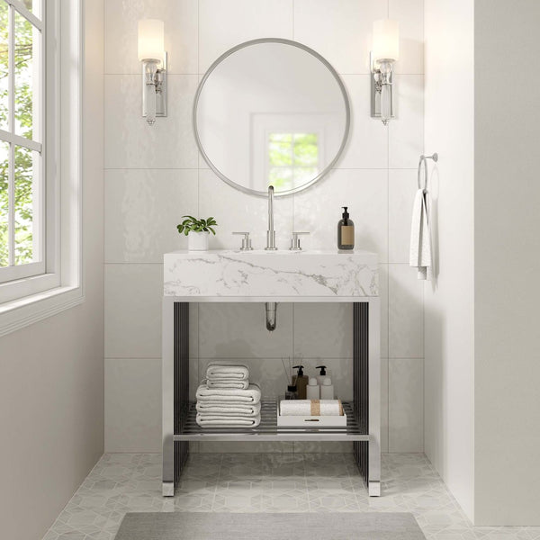 Modway Furniture Gridiron 30" Bathroom Vanity - Modern Industrial Design with Integrated Marble Sink & Open Storage EEI-6105-WHI-SLV