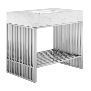 Modway Furniture Gridiron 36" Stainless Steel Bathroom Vanity - Contemporary Design with Open Storage & Marble Sink EEI-6107-WHI-SLV