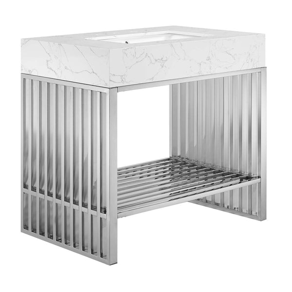 Modway Furniture Gridiron 36" Stainless Steel Bathroom Vanity - Contemporary Design with Open Storage & Marble Sink EEI-6107-WHI-SLV