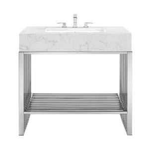 Modway Furniture Gridiron 36" Stainless Steel Bathroom Vanity - Contemporary Design with Open Storage & Marble Sink EEI-6107-WHI-SLV