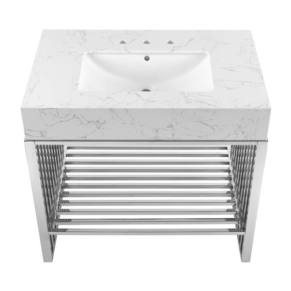 Modway Furniture Gridiron 36" Stainless Steel Bathroom Vanity - Contemporary Design with Open Storage & Marble Sink EEI-6107-WHI-SLV