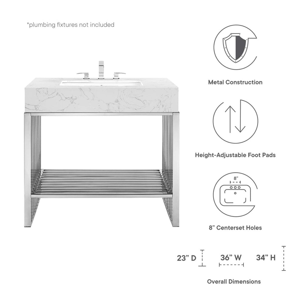 Modway Furniture Gridiron 36" Stainless Steel Bathroom Vanity - Contemporary Design with Open Storage & Marble Sink EEI-6107-WHI-SLV