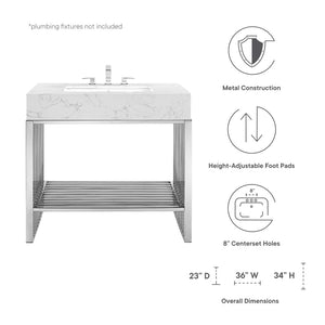 Modway Furniture Gridiron 36" Stainless Steel Bathroom Vanity - Contemporary Design with Open Storage & Marble Sink EEI-6107-WHI-SLV