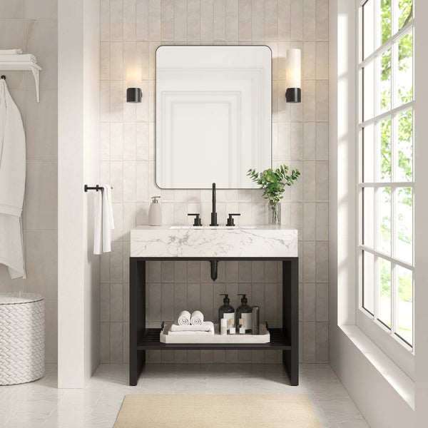 Modway Furniture Gridiron 36" Bathroom Vanity by Modway - Modern Open-Concept Design with Integrated Marble Sink EEI-6108-WHI-BLK